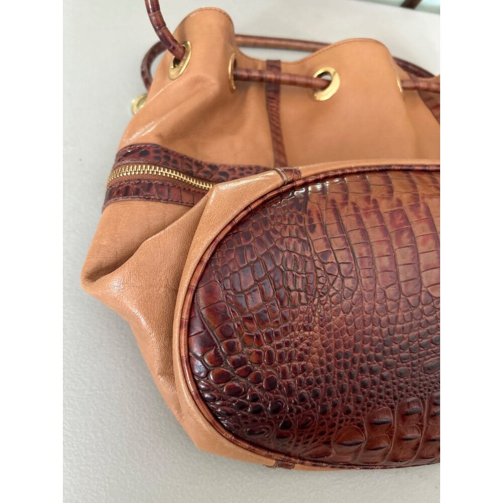 Brahmin Dee Dee Novella Leather Handbag Tan & Brown Croc Embossed Bucket Bag - Picture 4 of 15